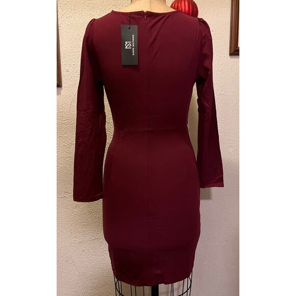 Sarin Mathews Deep V Neck Ruched Long Sleeve Mini Dress Burgandy NWT Size M - Picture 7 of 8